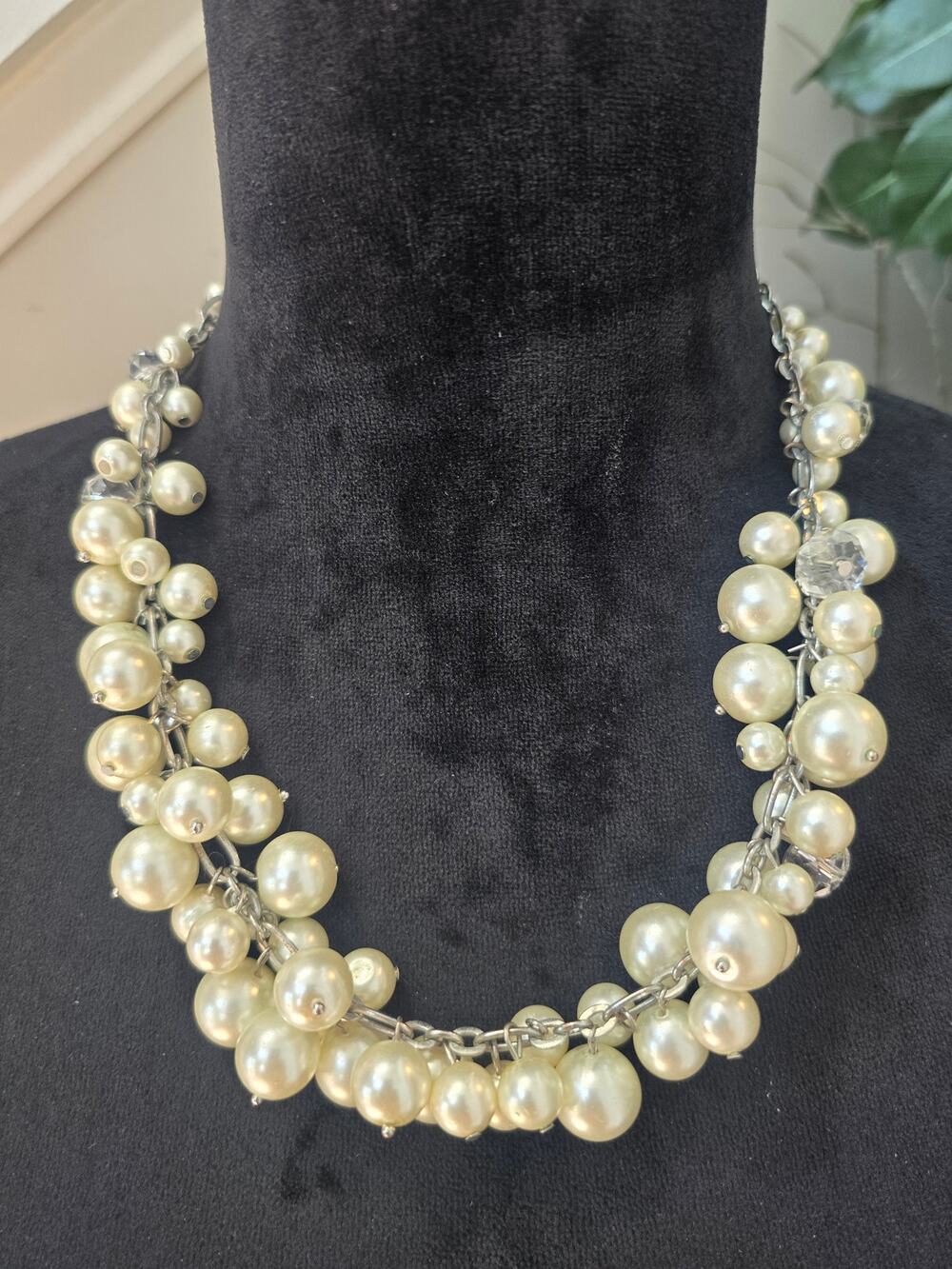 Cream Faux Pearl Silver Tone Multi Strand Statement Necklace